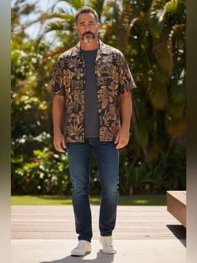 Vintage Hilo Hattie The Hawaiian Original Aloha Shirt 2XL Brown Tapa Palm